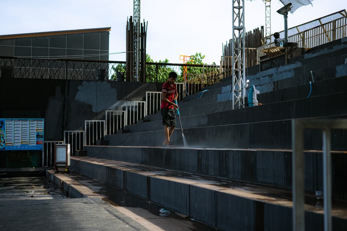 Professional pressure washing outdoor seating area
